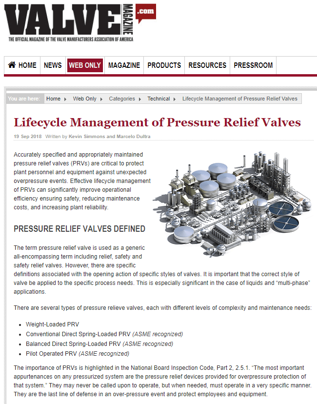 Valve magazine: Lifecycle Management of Pressure Relief Valves