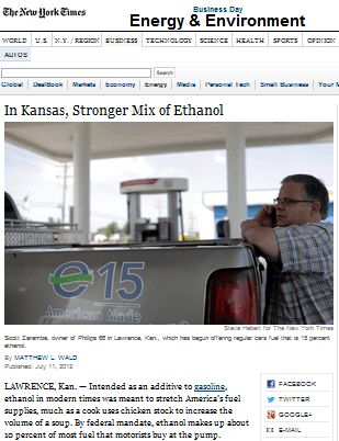 New York Times: E15 Ethanol Article