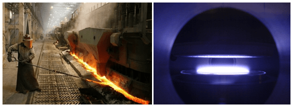 Figure 2) Comparison between aluminium smelting plant in Russia (left) and a SWCNT Chemical Vapor Deposition process (right). The Krasnoyarsk aluminium smelting plant is the second largest in the world producing around one million tonnes of aluminium each year. SWCNT are grown on a flat substrate at 650° C on a 5 nm Co catalyst seed layer. (Image from: aluminium-stock.com & surreynanosystems)