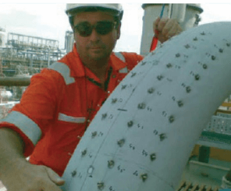 Sensing pin matrix with pin number identification installed for FSMLog installation for high temperature monitoring in a refinery.