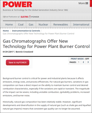Power Magazine: Gas Chromatographs Offer New Technology for Power Plant Burner Control