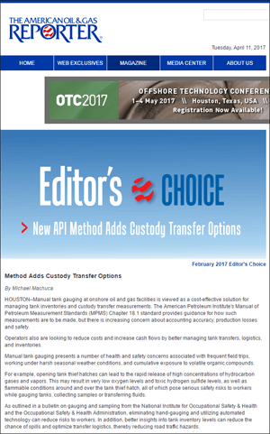 American Oil & Gas Reporter Editor’s Choice article, Method Adds Custody Transfer Options