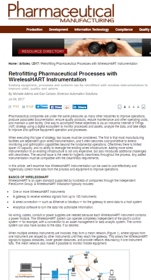 Pharmaceutical Manufacturing: Retrofitting Pharmaceutical Processes with WirelessHART Instrumentation