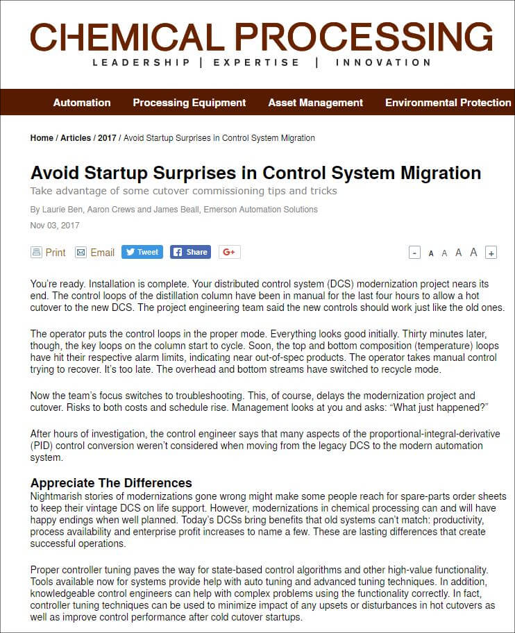 Chemical Processing: Avoid Startup Surprises in Control System Migration