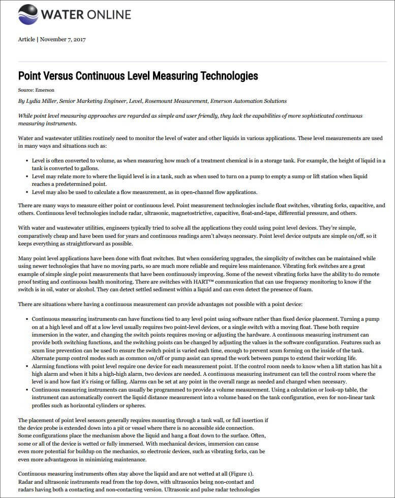 Water Online: Point Versus Continuous Level Measuring Technologies
