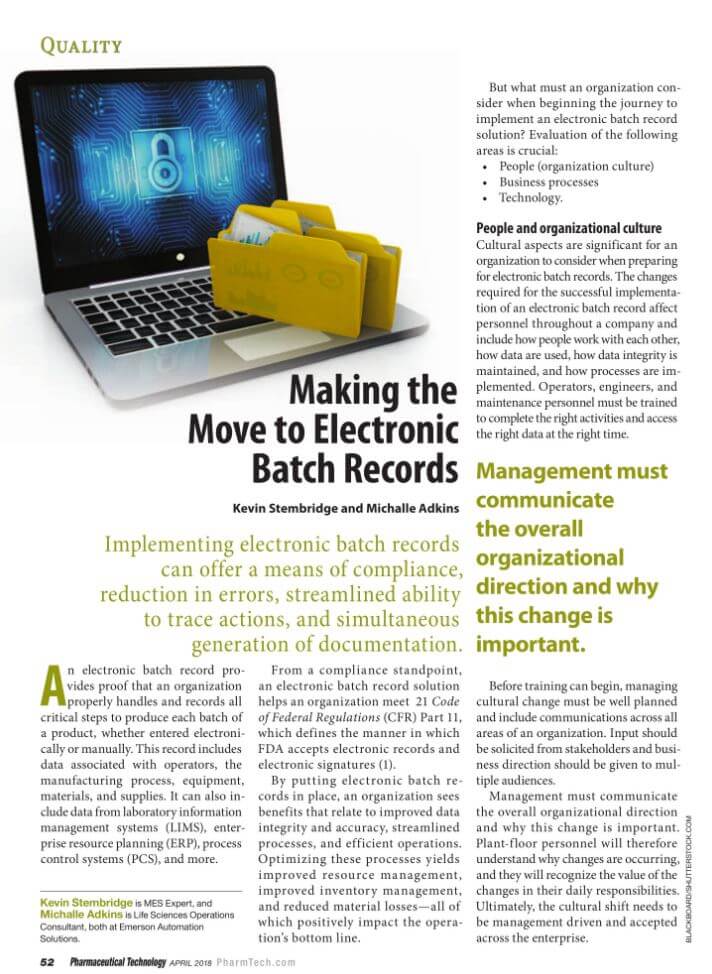 PharmTech: Making the Move to Electronic Batch Records