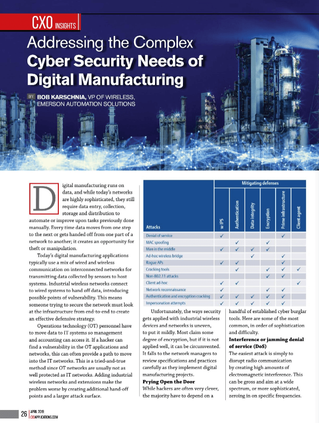 CIO Applications: Addressing the Complex Cyber Security Needs of Digital Manufacturing