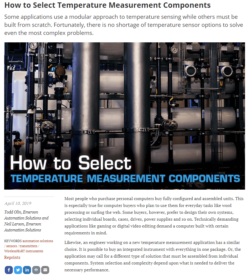 Process Heating magazine article: How to Select Temperature Measurement Components
