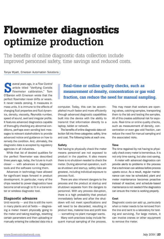 Flow Control: Flowmeter Diagnostics Optimize Production in Process Plants