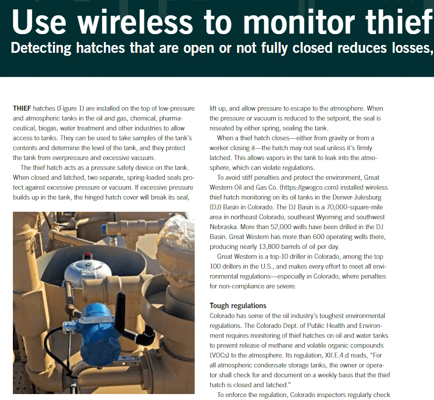Wirelessly Monitoring Tank Thief Hatches to Avoid Regulatory Fines