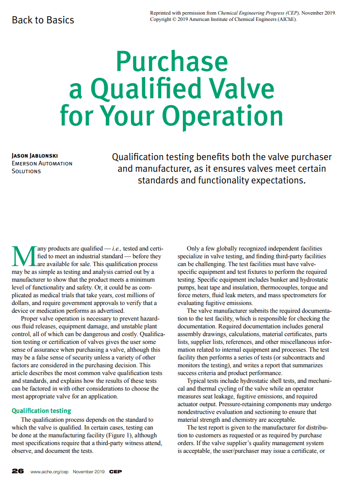 Chemical Engineering Progress (CEP): Purchase a Qualified Valve for Your Operation