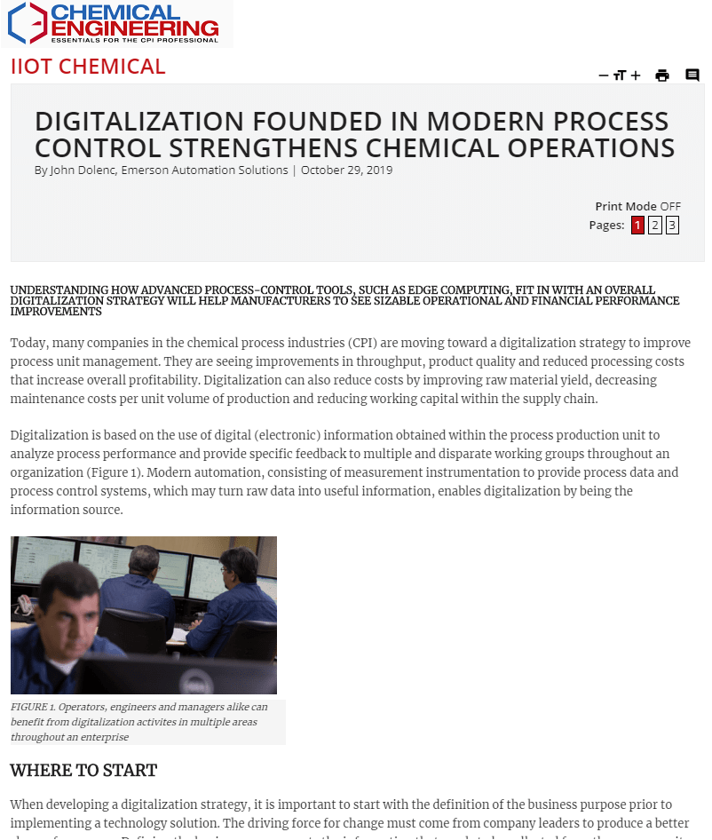 Chemical Engineering: Digitalization Founded in Modern Process Control Strengthens Chemical Operations