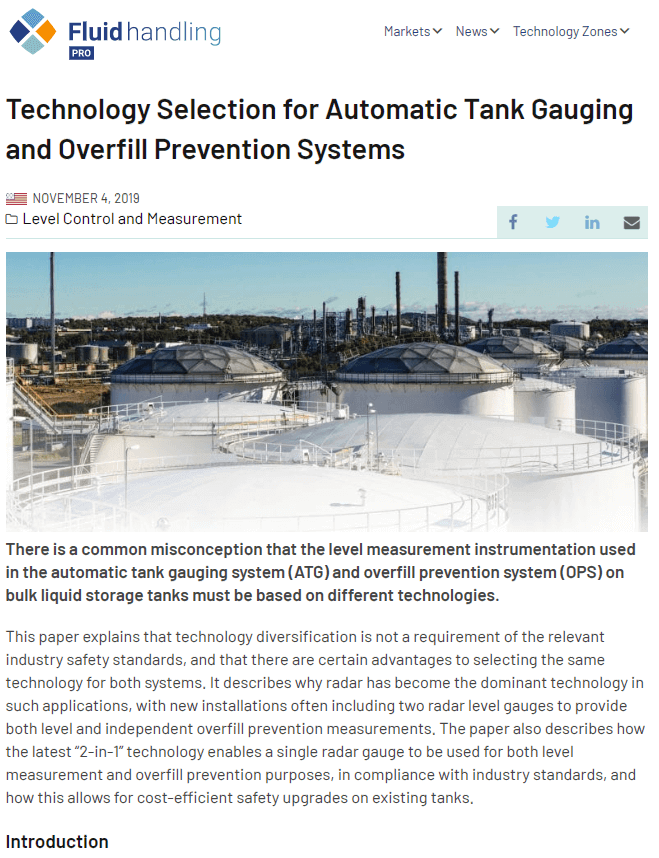Fluid Handling Pro: Technology Selection for Automatic Tank Gauging and Overfill Prevention Systems