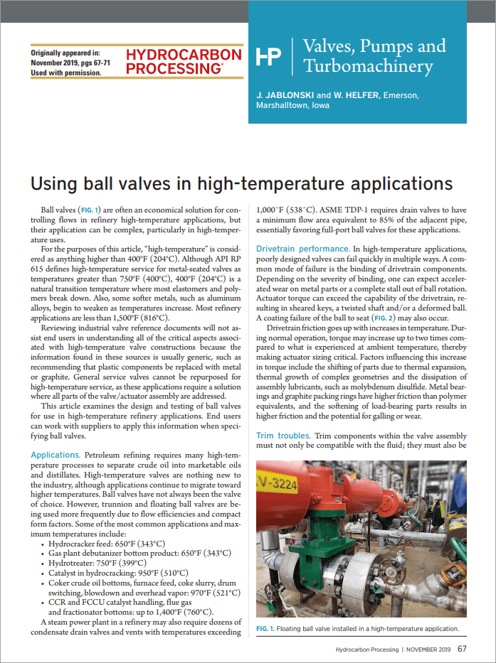 Hydrocarbon Processing: Using ball valves in high-temperature applications