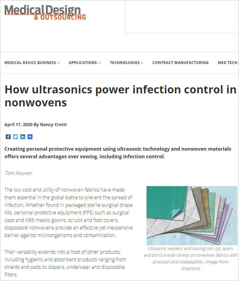 Medical Design & Outsourcing: How ultrasonics power infection control in nonwovens