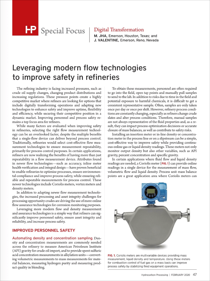 Hydrocarbon Processing: Leveraging modern flow technologies to improve safety in refineries