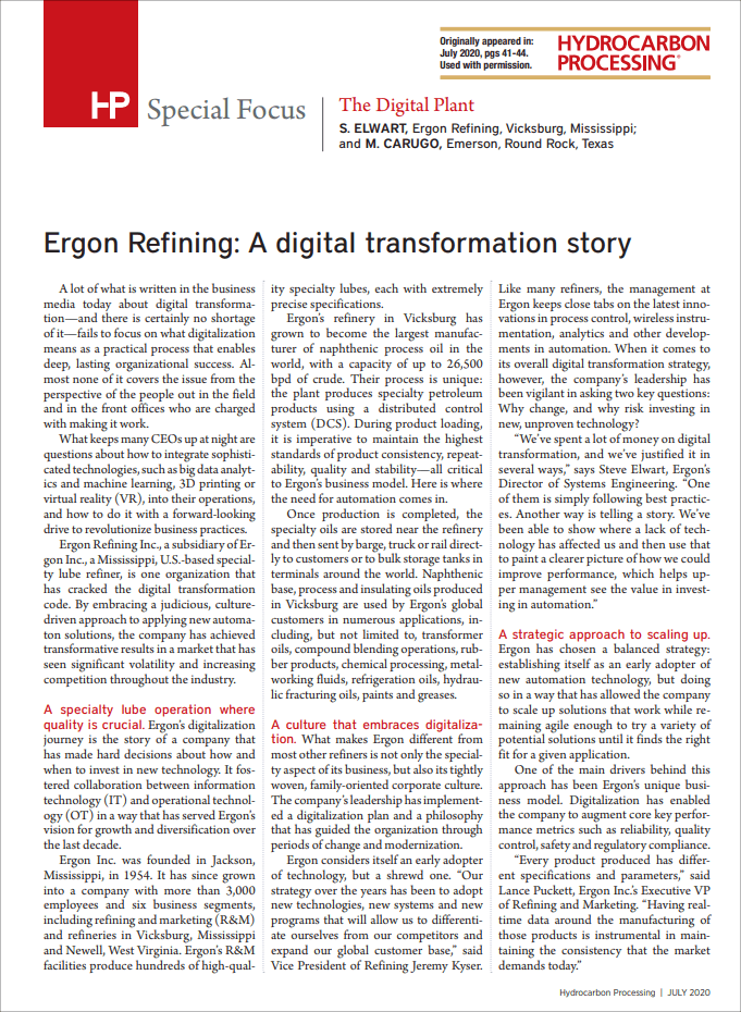 Hydrocarbon Processing- Ergon Refining: A digital transformation story