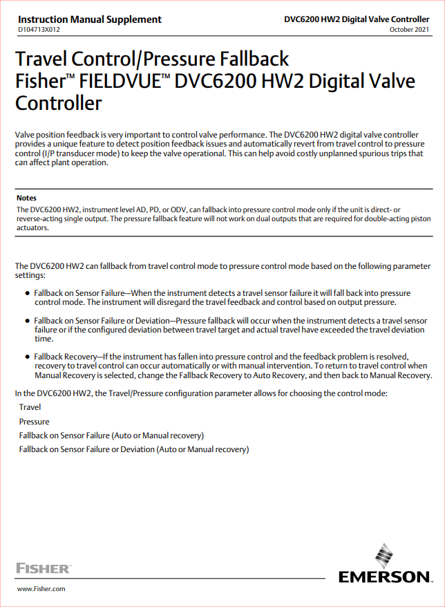 Travel Control/Pressure Fallback Fisher FIELDVUE DVC6200 HW2 Digital Valve Controller