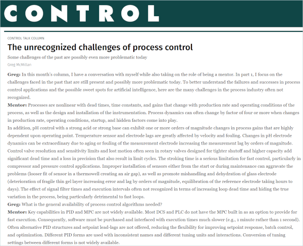 ControlGlobal: The unrecognized challenges of process control