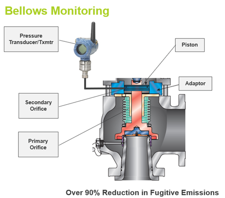 pressure relief valve bellows leak detection monitoring