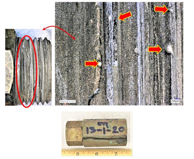 Scanning electron microscope (SEM) observations and semi-quantitative energy dispersive X-ray (EDX) microanalysis confirmed that the silvery particles were in fact mercury. Mercury was found within the crack and on all areas on the surface under evaluation.